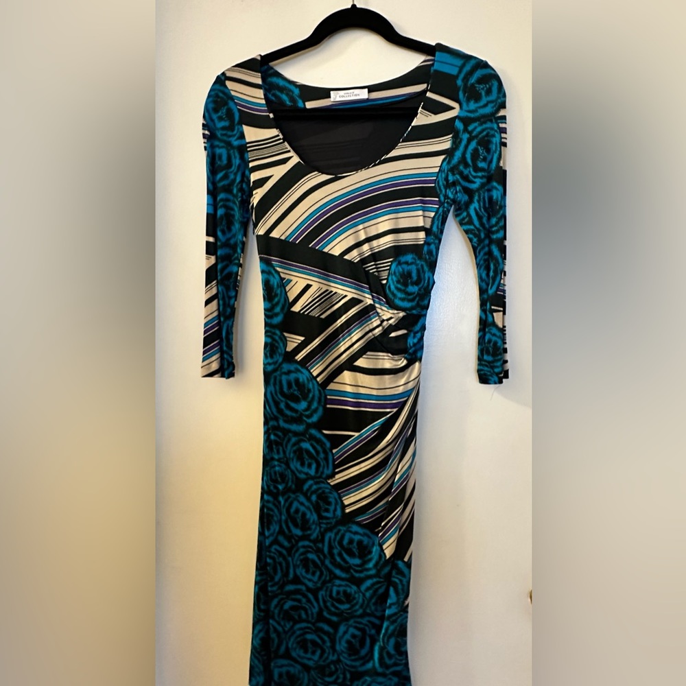 Versace Collection Sheath Dress In Blues & Tan, Size 40